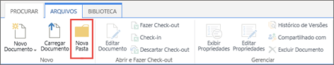 Imagem da faixa de SharePoint Arquivos com Nova Pasta realçada.