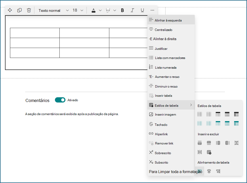 captura de tela do painel de edição de web part de texto e tabela