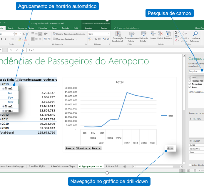 Tabela dinâmica com balões mostrando os novos recursos do Excel 2016