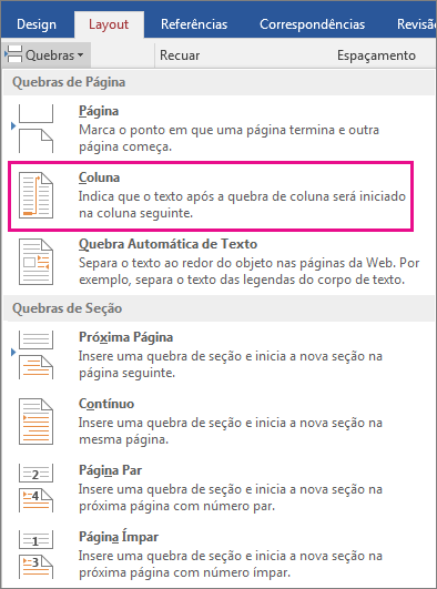 A opção Coluna é realçada no menu Quebras.