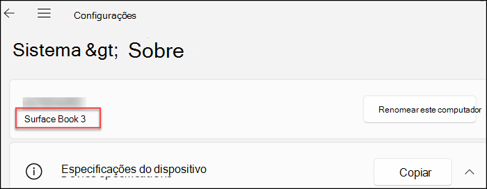 Mostra as informações do dispositivo perto da parte superior da janela, sob o título da tela.