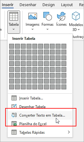 A opção Converter Texto em Tabela está realçada na guia Inserir.