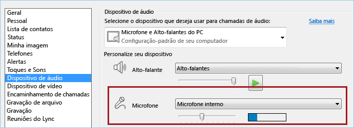 Captura de tela de verificação de áudio do microfone do Lync