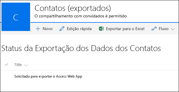 Lista do SharePoint com registro intitulado solicitado para exportar o aplicativo Web do Access