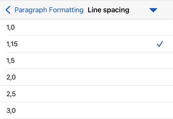 Opções de espaçamento entre linhas no Word para iOS.