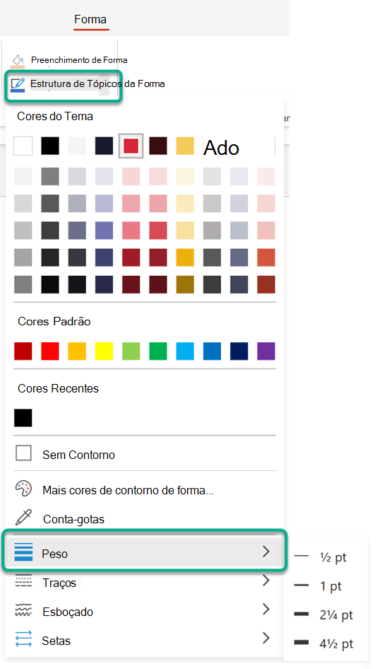 Na guia Forma, em Contorno de Forma, você pode usar as opções Peso para alterar a espessura da linha selecionada.