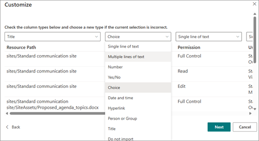 Captura de ecrã do ecrã Personalizar. Na parte superior de cada coluna encontra-se um menu pendente com os diferentes tipos de coluna disponíveis para cada coluna. No canto inferior direito encontram-se os botões Seguinte e Cancelar.