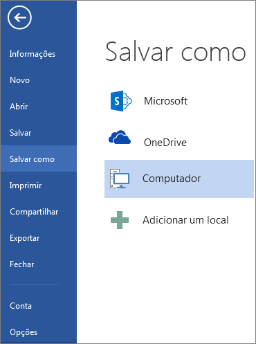 A janela Salvar como, mostrando a lista de locais nos quais você pode salvar um documento