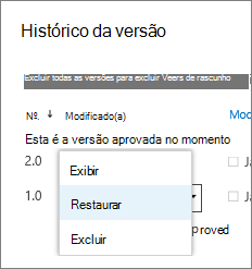 Menu item de versão