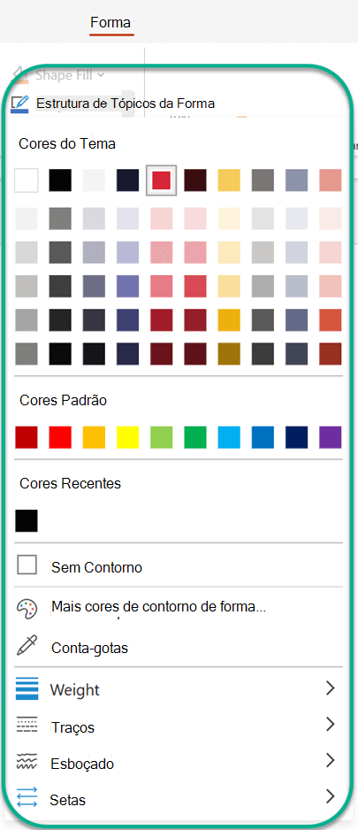 Na guia Forma, em Contorno de Forma, você pode selecionar uma cor a ser aplicada à forma selecionada no momento.