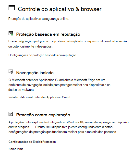 Controle de aplicativo e navegador na Segurança do Windows