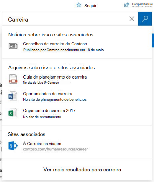 Resultados da pesquisa em um site SharePoint hub