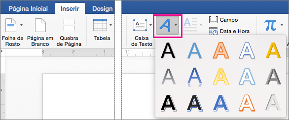 Guia Inserir com a opção WordArt realçada.