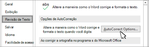 Botão Opções de correção automática na caixa de diálogo Revisão