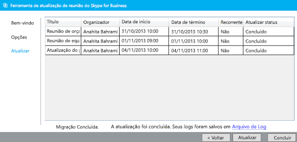 captura de tela da atualização da ferramenta de migração de reunião concluída