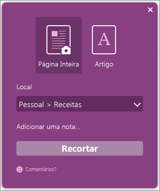 Captura de tela da caixa de diálogo do OneNote Clipper.