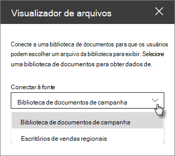 Painel de propriedades do visualizador de arquivos com Conecte-se à lista suspensa de origem