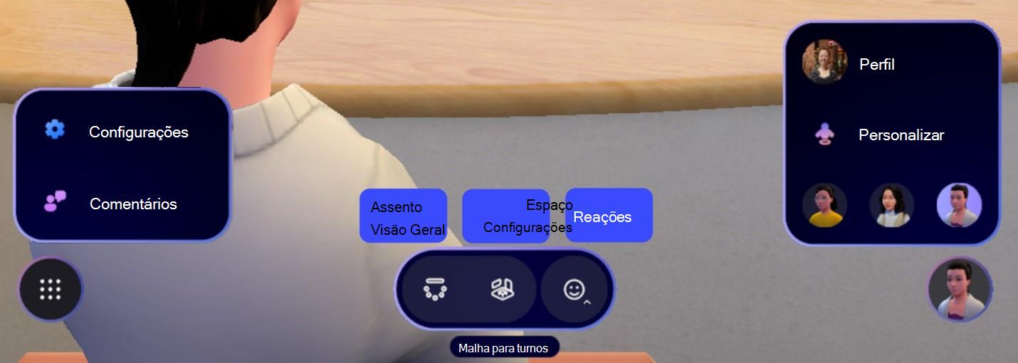 Controles de reunião para os espaços imersivos no Teams.