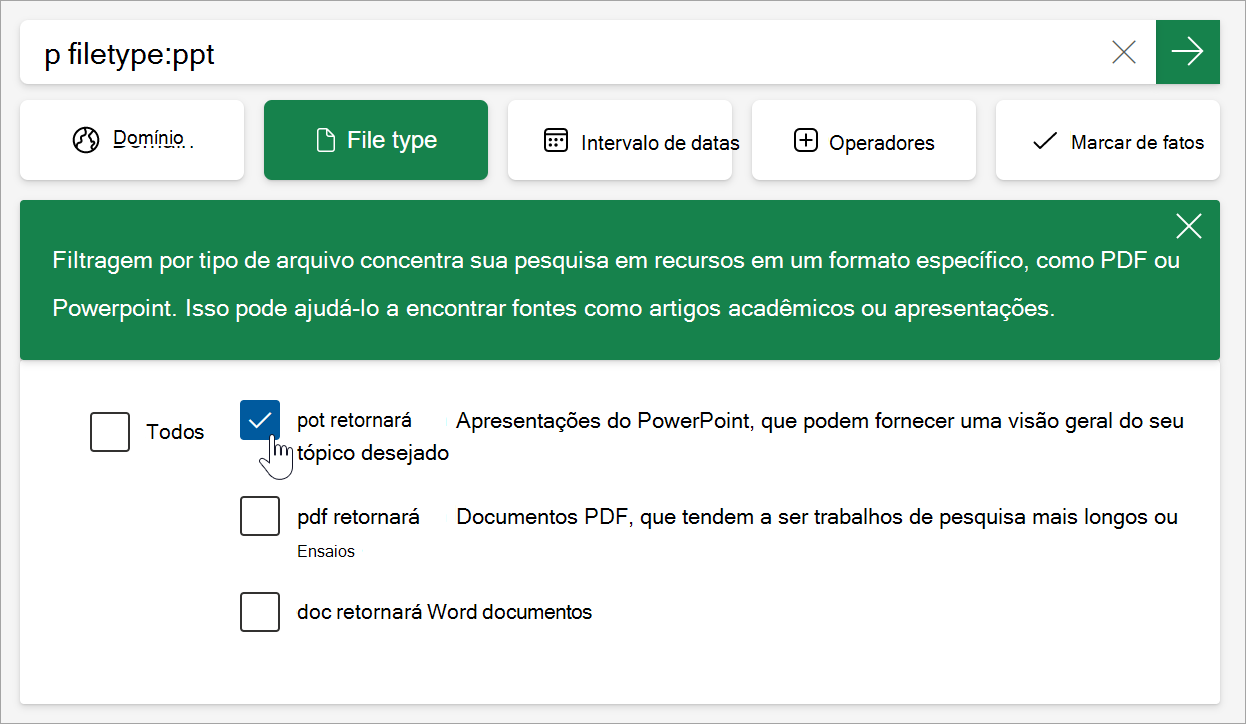 captura de tela da seleção de PDF nas opções de tipo de arquivo. Filetype:pdf é preenchido na barra de pesquisa.