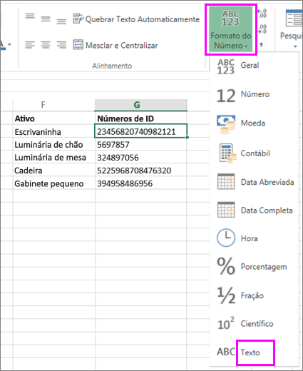 aplicar o formato de texto para números