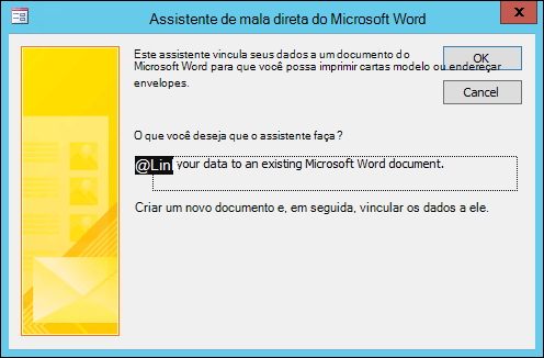 Selecione para vincular seus dados a um documento do Word existente ou criar um novo documento.