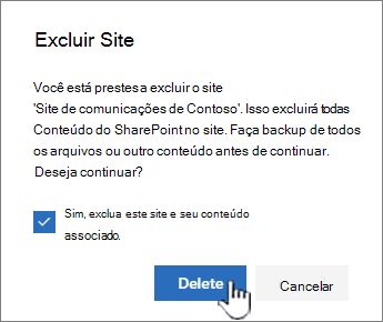 Se você tiver certeza de que deseja excluir o site, clique em Excluir