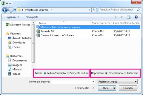 Caixa de diálogo Abrir exibindo os arquivos do Project Web App