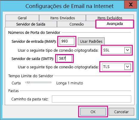 Insira as configurações avançadas de email.