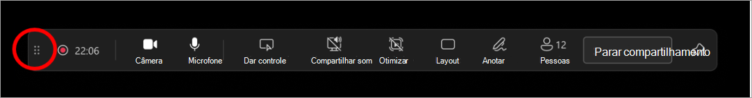 Selecione e arraste a barra de arrastar para mover a barra de ferramentas do apresentador em qualquer lugar da tela.