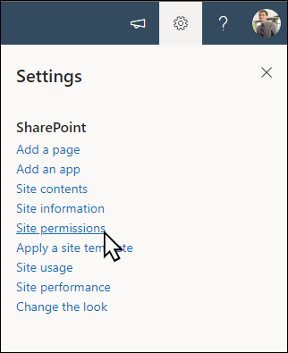 Visualização do acesso às permissões do site por meio das configurações