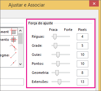 Controles deslizantes de força do ajuste em Ajustar e Associar no Visio 2016