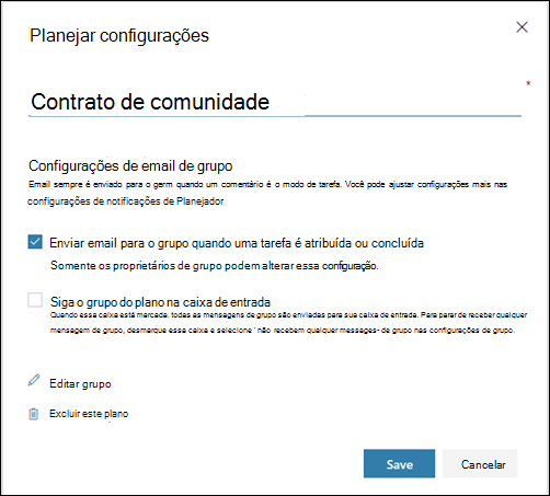 Captura de tela: mostrando a configuração "Enviar email para o grupo do plano..." para as configurações do plano