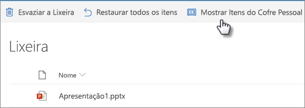 Exibição da lixeira do OneDrive mostrando a opção “Mostrar itens do cofre pessoal”