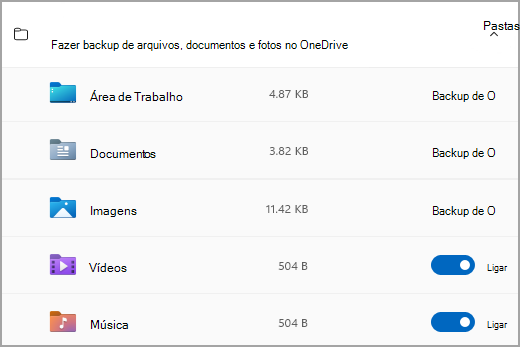 A seção Pastas do Backup do Windows.