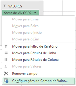 Diálogo de Configurações do Campo de Valor do Excel