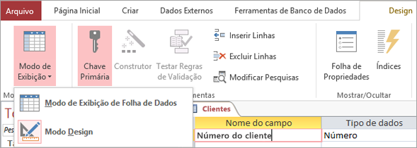 Alternar entre os modos de exibição Folha de Dados e Design no Designer de Tabela