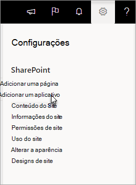 Menu de configurações com Adicionar um aplicativo realçado