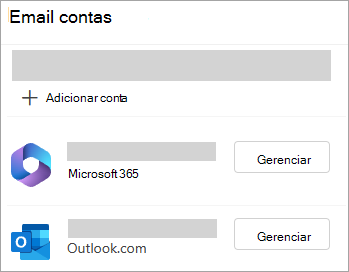 Captura de ecrã da janela Definições a mostrar a opção Gerir contas no novo Outlook