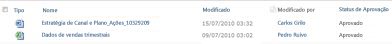 SharePoint libarary após a aprovação ser necessária. Os arquivos já na biblioteca estão no status Aprovado.