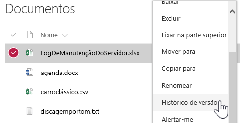 Menu do botão direito da biblioteca de documentos com o histórico de versão em destaque