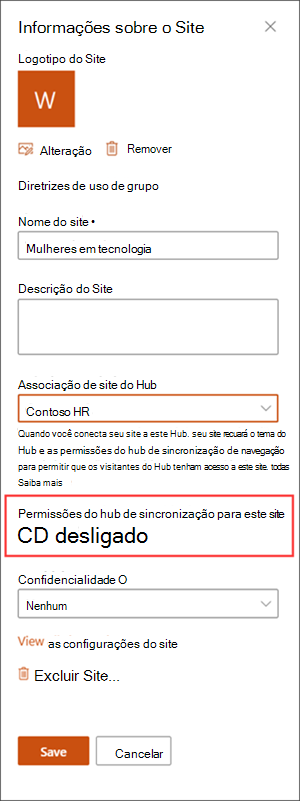 A alternância de permissões do Hub está desativada