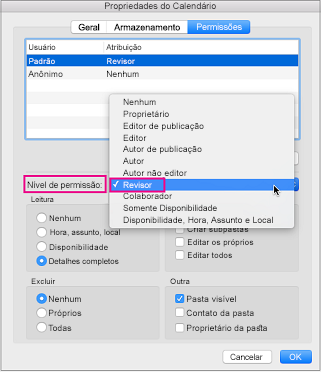Caixa de diálogo Permissões do calendário com a permissão revisor realçada