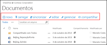 Usar a Barra de Comando Rápido no Office 365 para iniciar atividades na biblioteca de documentos do Site de equipe do SharePoint Online ou OneDrive for Business.