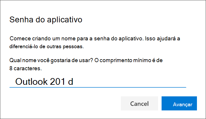 Captura de tela que mostra a página "Senha do aplicativo", com o nome do aplicativo inserido