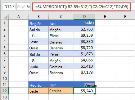 Exame do uso de SUMPRODUCT para retornar a soma de itens por região. Nesse caso, o número de cerejas vendidas na região Leste.