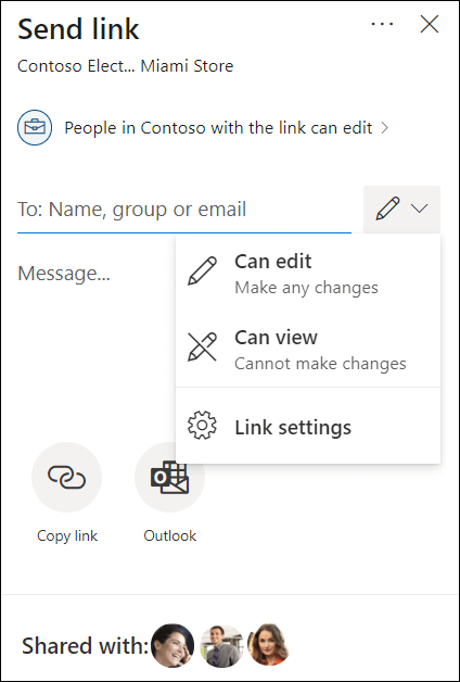 Opções de permissão de compartilhamento do OneDrive com opções de edição ou visualização apenas.