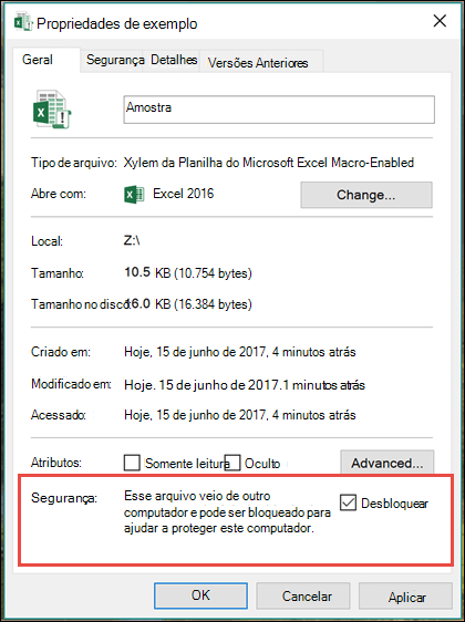 Clique com o botão direito do mouse no arquivo no Windows Explorer para desbloquear as macros.