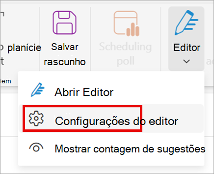 Na faixa de opções, selecione Configurações do Editor > Editor.