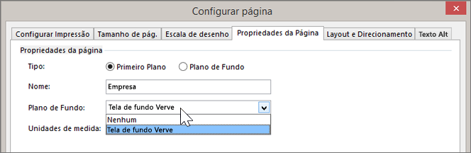 Instantâneo de Configuração de Página > Propriedades da Página com o Plano de Fundo Verve selecionado no menu suspenso de Plano de Fundo