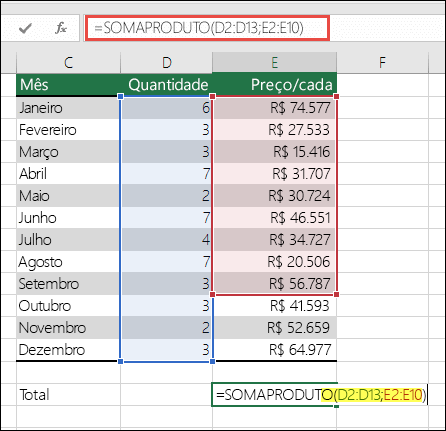 A fórmula SOMARPRODUTO que causa um erro é =SOMARPRODUTO(D2:D13,E2:E10) - E10 precisa ser alterado para E13 para corresponder ao primeiro intervalo.